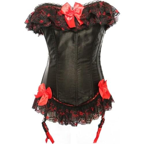 WYS.JL Womens Black Fashion Sexy Gothic Style Red Lace Bow Polyester Corset Top Plus Size S-6XL