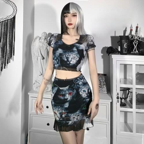 Women Chic Style Gothic Animal Print High Waist Mini Skirt Cat Print Mesh Crop top and Skirt Sets V neck Harajuku Goth Clothing