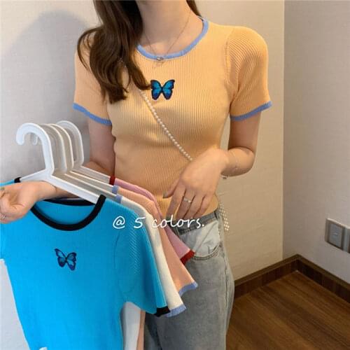 Woman TShirts Butterfly Print Short Sleeve Knitwear T-shirt Women Summer round Neck Pullover Top Crop Top Mujer Camisetas
