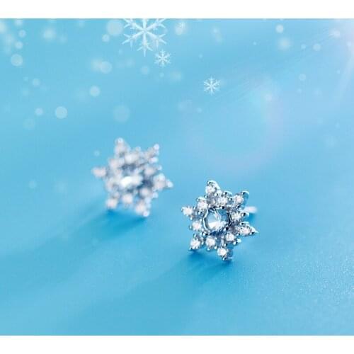 MloveAcc 925 Sterling Silver High Quality Snowflake Design CZ Crystal Stud Earrings for Wedding Romantic Women Jewelry