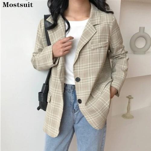 Autumn Vingate Loose Plaid Blazer For Women Long Sleeve Single Breasted Notched Pockets Korean Jackets 2021 Ladies Blazers