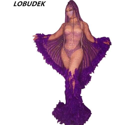 Women Model Singer Sexy Transparent Costume Purple Feather Crystal Mesh Floor-length Dress Cloak Outfit Bar Nightclub Stage Wear