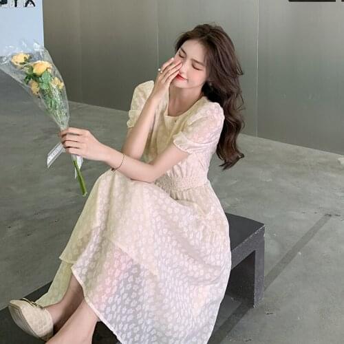 White Dress 2021 Summer New French Retro Long Dress Round Neck Puff Sleeves Thin Waist Print Dress Womens Midi Dress Female