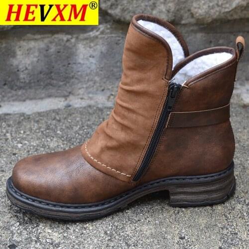 Winter Warm Women Ankles Boots Pu Leather Patchwork Plush Zipper Buckle Low Heel Female Plush Casual Shoes Short Boots