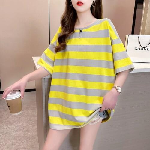 #0733 Cotton Short Sleeve T Shirt Women Summer Striped T Shirt Loose Summer Casual T Shirt For Girl Korean Style T-shirt Femme