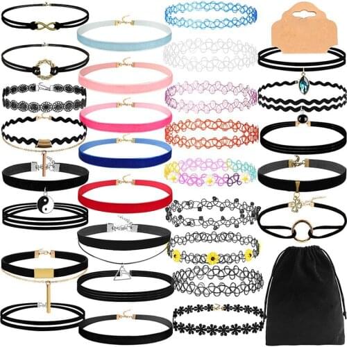 30 Pcs Black Velvet Lace Chokers Necklaces Sets For Teen Girls Women Party Neck Accessories Henna Tattoo Ribbon Collares de moda