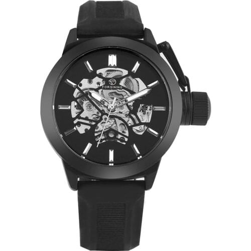 Mens Wristwatch Automatic Mechanical Watch Stainless Steel Skeleton Fashion Concise Silicone Strap Wristwatch