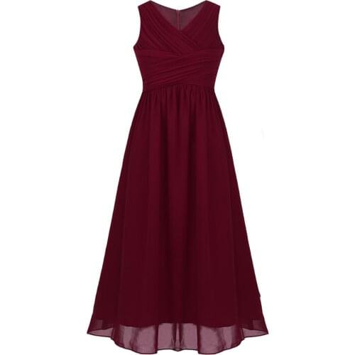 Kids Teens Girls Chiffon Sleeveless V Neck Princess Flower Girl Dresses Wedding Formal Pageant Evening Party Summer Long Dress