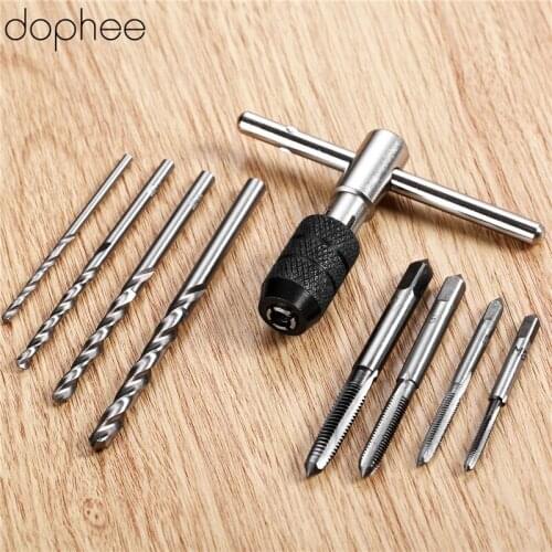 Dophee 9Pcs T Type Machine Hand Screw Thread Taps Reamer M3/M4/M5/M6 Tap Set with Twist Drill Bits and Wrench Hand Tools Set