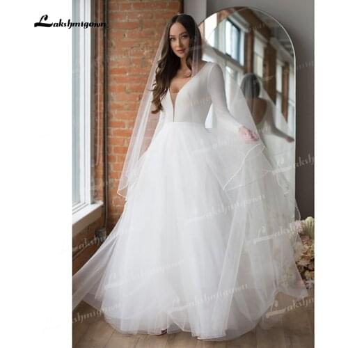 Beautifully A-Line Soft Satin & Tulle Wedding Dresses Deep V-Neck Long Sleeve Open Back Floor-Length Court Train Bride Gown 2021