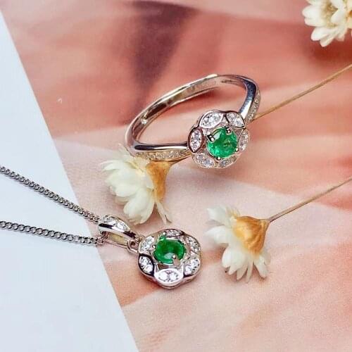 Lovely Small univers Stars Natural green emerald gem jewelry sets natural gemstone ring Pendant 925 silver girl gift jewelry