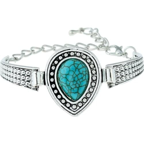 Trendy Silver Plated Alloy Water Drop Green Turquoises Stone Link Chain Bracelet Charm Jewelry