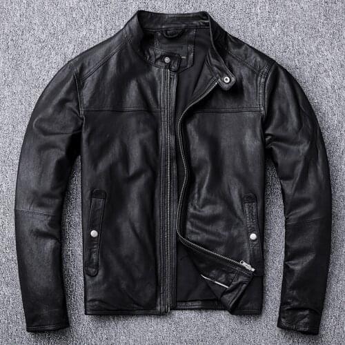 100% Natural Soft Sheepskin Tanned Leather Jacket Black Mens Motocycle Jackets Motor Clothing Biker Coat Autumn Biker Jacket