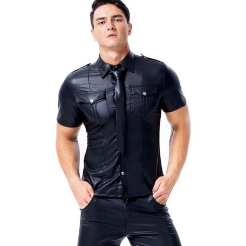 Men PU Faux leather Moto T Shirts hot Sexy Wetlook Fitness Latex Tops Gay Shirts Mens Stage Shirt Casual Party Clubwear costumes