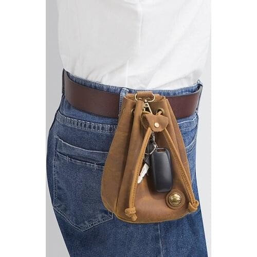 First Layer Leather Soft Waist Phone Storage Bag Genuine Cowhide Drawstring Belt Handmade Outdoor Travel Coin Purse Pouch Pack