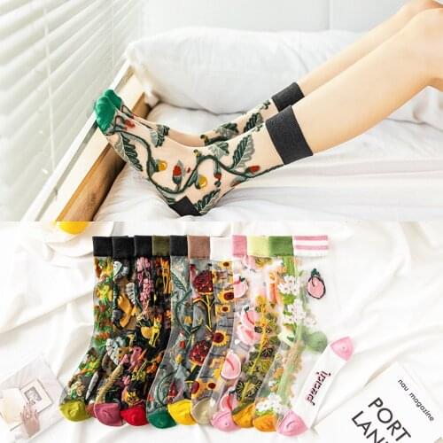 Socks Summer Thin Middle Tube Fashion Socks European and American Flower Duosen Series Glass Silk Breathable Female Socks