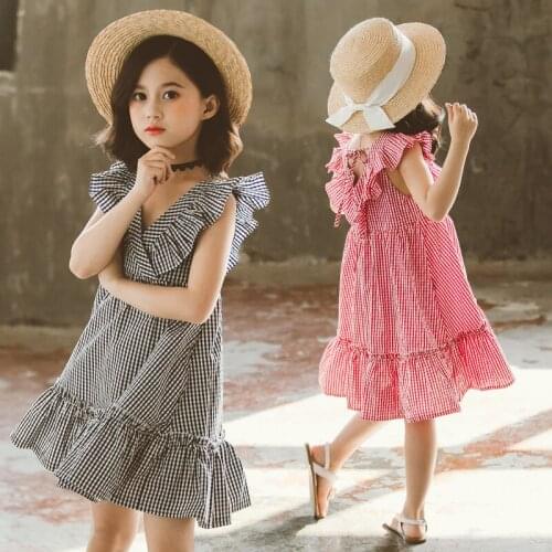 Girls Dress Summer short sleeve Plaid Baby Girl Clothes Ruffles v neck Children Dresses Kids Clothing ss