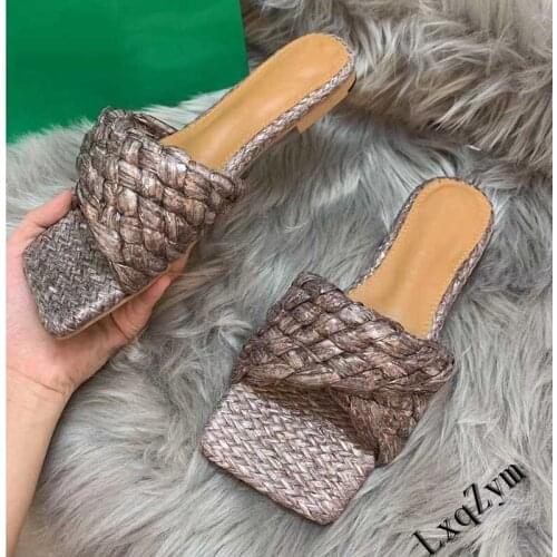 Summer Braid Fold Women Slippers Square Toe Slippers Flats Ladies Shoes Knitted Casual Beach Mules Pink Slides For Women Zapatos