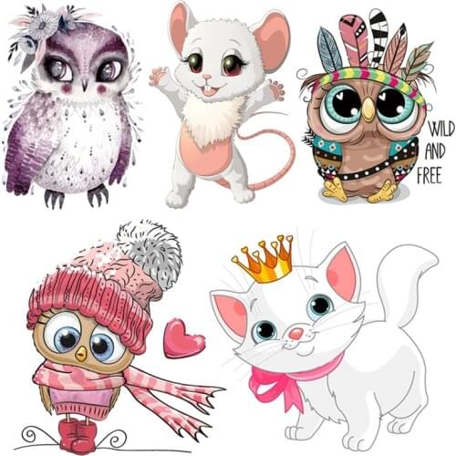 Fashion Cartoon Animals Heat Transfer Patches For Clothes iron on Transfer DIY Thermal Stickers Owl Cat Pattern Patch T Shirt