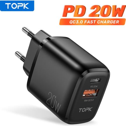 TOPK 20W Quick Charge 3.0 USB Type C PD Charger For iPhone 12 Pro Max X Xs 8 Xiaomi USB C Fast Charging Travel Wall Charger