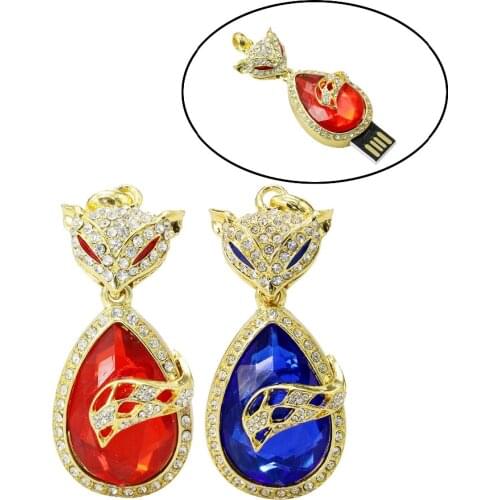 Crystal Animal Fox Cat USB Flash Drive Thumb Stick Flash Disk 4GB 8GB 16GB 32GB 64GB Jewelry Necklace Pen Drive Gifts
