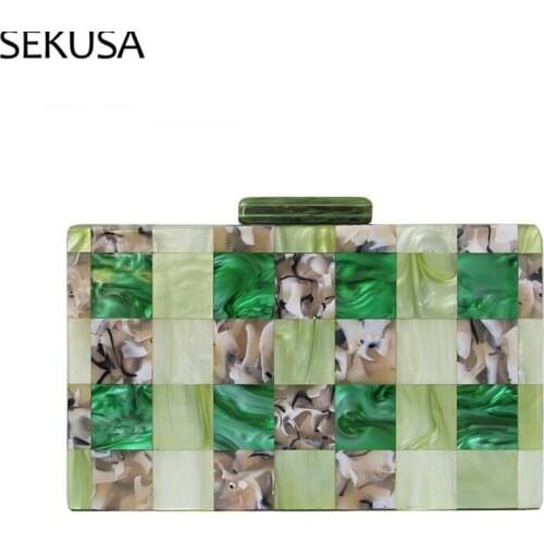 Green Color Stripped Women Evening Bags Acrylic Party Handbags Metal Shoulder Chain Crossbody Messenger Purse