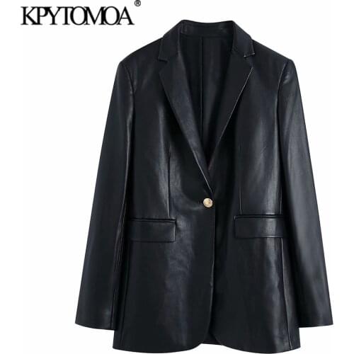 KPYTOMOA Women 2021 Fashion With Metal Button Faux Leather Blazer Coat Vintage Long Sleeve Back Vent Female Outerwear Chic Veste