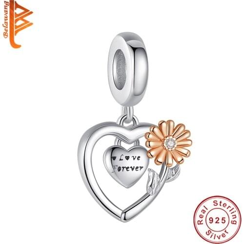BELAWANG Rose Gold Flower Charm Fit Original Bracelet For Women 925 Sterling Silver Bead DIY Jewelry Making