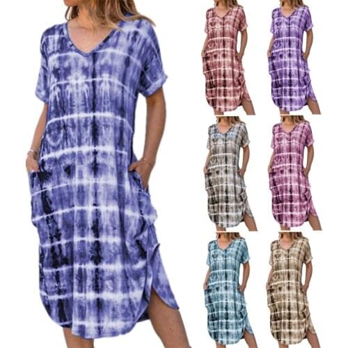 Summer Women Bohemian Midi Dress V-Neck Loose Short Sleeve Casual Maxi Dresses Female Printing Sundress 2021 Fashion Clothing