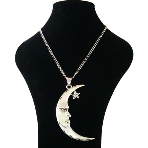 1 x Tibetan Silver Metal Large Statement Abstract Crescent Moon and Star Pendant Necklaces on Long Link Chain Lagenlook 34"