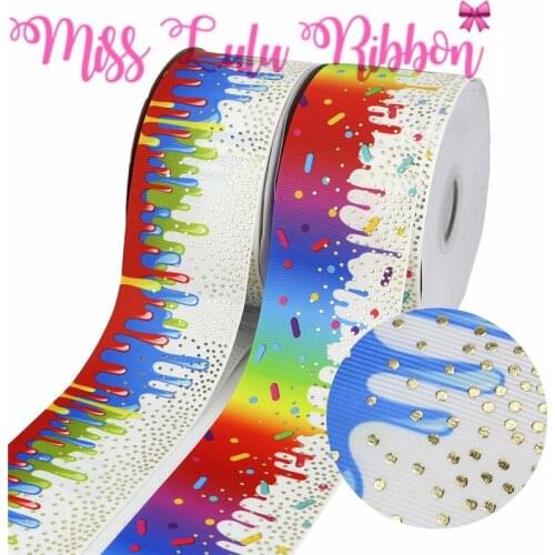 3"75mm Gold Foil Dot Cartoon Series Sweet Candy Printed Grosgrain Ribbon DIY Hair Bowknots 50yards/roll Gradient Color