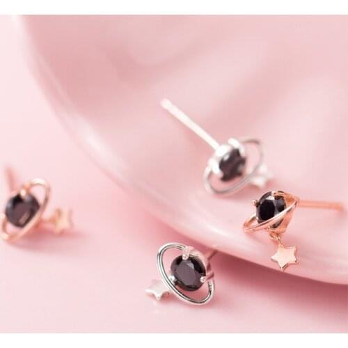 AIFENAO Black Zircon Earrings 925 Sterling Silver Planet Star Stud Earring Jewelry for Women Korean Girl Lady Gift Accessories