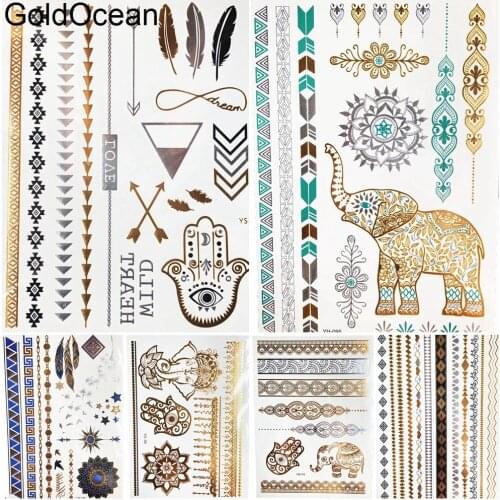 Bracelet Henna Ganesha Gold Metallic Temporary Tattoo Hamsa Hnad Girl Feather Body Arm Art Arrow Tattoo Stickers Women Leg Tatoo