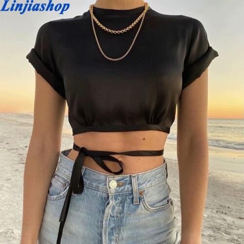 Elegant Satin Summer Top Camis Women Sexy Backless Bandage Crop Top White Short Tops 2021 Blusas De Mujer