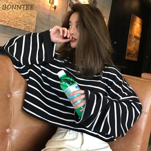 Long Sleeve T-shirts Women Cropped Ins Harajuku Striped Tee All-match Daily Lovely Girls O-Neck Popular College BF Spring Teens