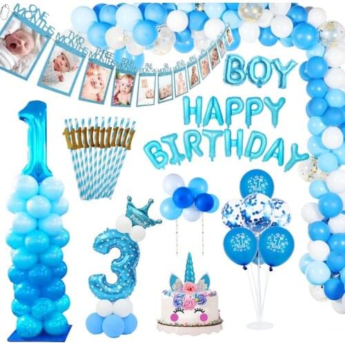 Happy birthday Baby boy birthday banner Balloon garland 1 age birthday 12Month Photo frame one year old Blue ballons decoation