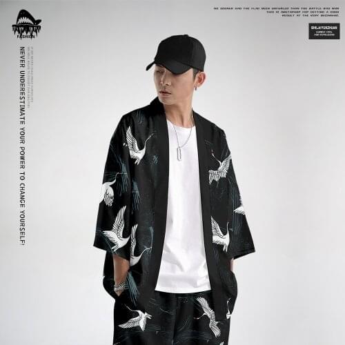 Japanese Style Black Crane Print Kimono Jacket And Pant Suit Tops Streetwear Haori Men Cardigan Japan Robe Clothes Oversize