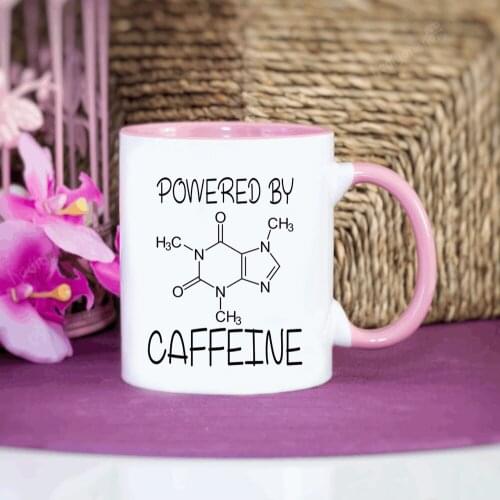 Power by Caffeine Coffee Mug 11oz Funny Pink Ceramic Travel Tea Milk Cup Lab Friends Chemistry Student Gift Mug