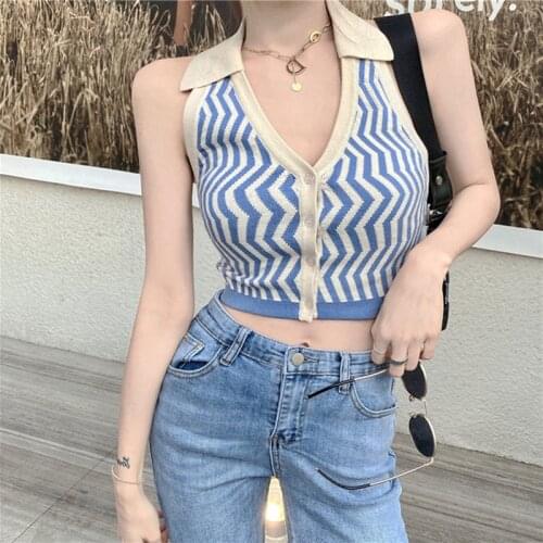 Crop Tops Female Knitted Women Backless Button Up Halter Night Club Tank Tops Sexy Stripes Crop Tops For Women