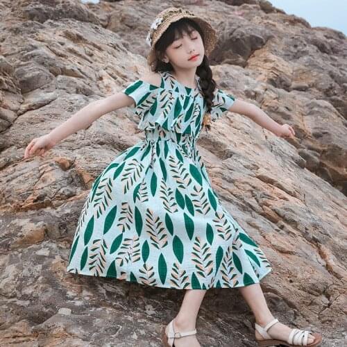 Summer Girls Holiday Beach Dress Green Leaves Maxi Dresses for Girl Kids Fashion Boho Long Dress Children Girls Clothes Vestidos