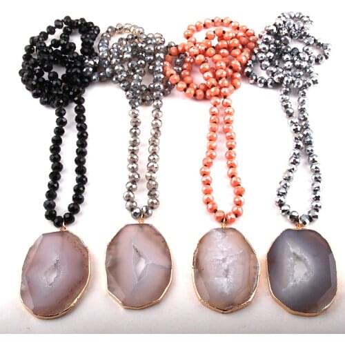 Fashion Bohemian Jewelry Glass Crystal Long Knotted Gray Agat Pendant Necklaces For Women Necklace