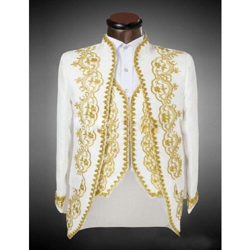 2018 Vogue Place Style Groom Suits Gold Embroidery Men Tuxdeos Classic Groomsmen Wedding Suit White Black Real Photos 3 Pieces