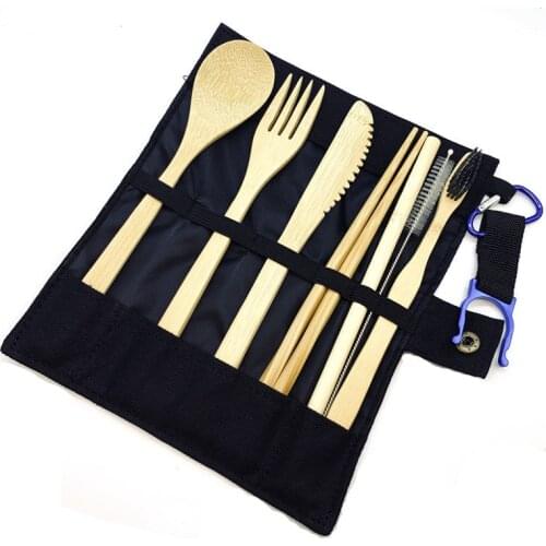 Bamboo Travel Tableware Reusable Bamboo Cutlery Set with Carrying Case Portable Wooden Dinnerware Bamboo Charcoal Toothbrush