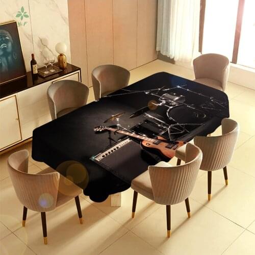 Musical Instrument Guitar Set Drum Black Background Feature Tablecloth Waterproof And Oil Proof, Family Table Decor