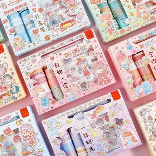 Sticker Tape Cutter Set Tea Series Cute Girl Hand Account Diary DIY Decorative Stickers 6 Types Korean Stickers Cute Stickers