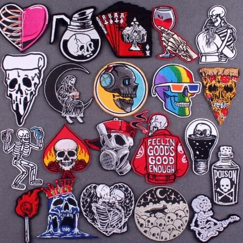 Hippie Skull Patches For Clothing Thermo Adhesive Patches Punk Biker Patches On Clothes Stripes Badges On Backpack Accessory