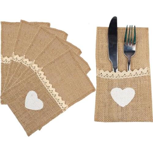 Natural Jute Lace Decorated Heart Love Cutlery Knives Forks Spoon Cutlery Set Bag Holder Wedding Party Resturant Decoration