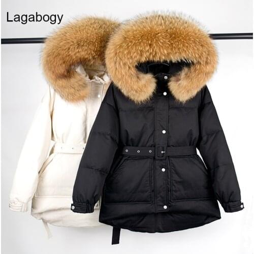 Lagabogy 2021 New Winter Real Natural Fur Hooded Puffer Jacket 90% White Duck Down Coat Female Loose Thick Warm Windproof Parkas