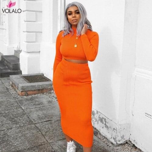 Solid Fashion Women Two Piece Sets 2020 Spring Autumn Ribbed Long Sleeve Outfits Casual Slim Crop Top And Skirt Set