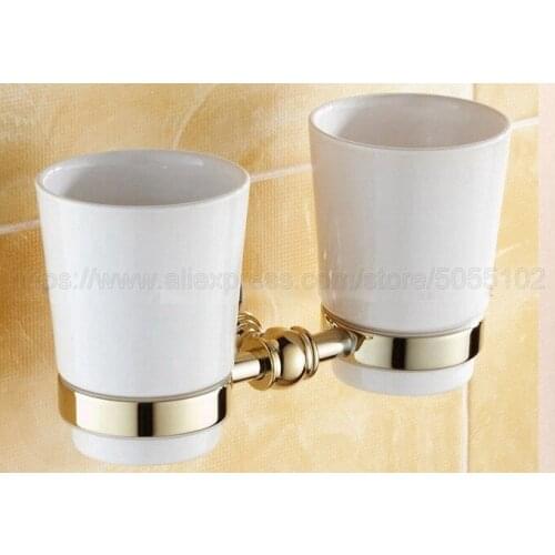 Luxury Bathroom Golden Polished Toothbrush Holder Solid Brass Base Dual Ceramics Cups Wall Mounted zba138